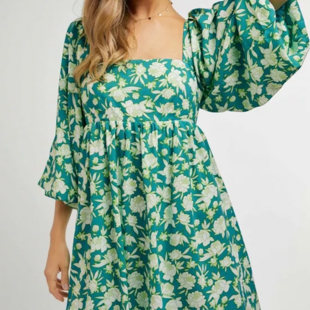 New Boho Floral Printed Tie Back Dress green